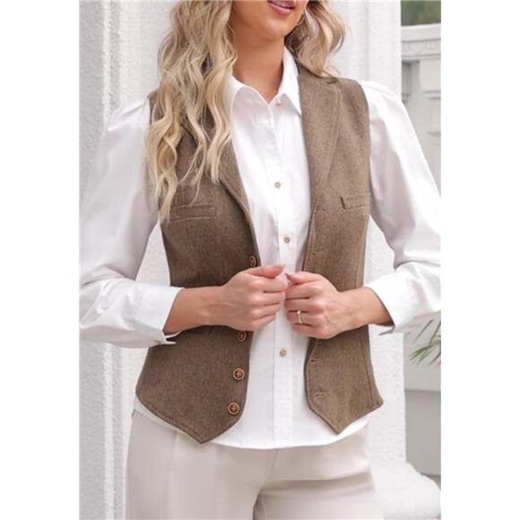 Womens Herringbone Tweed Waistcoat Lapel Sleeveless Blazers V Neck Work Office - Picture 4 of 7